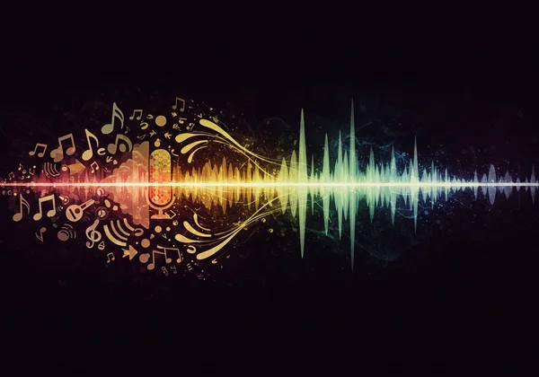 Notas musicales y ondas sonoras fusionándose para el audio del podcast