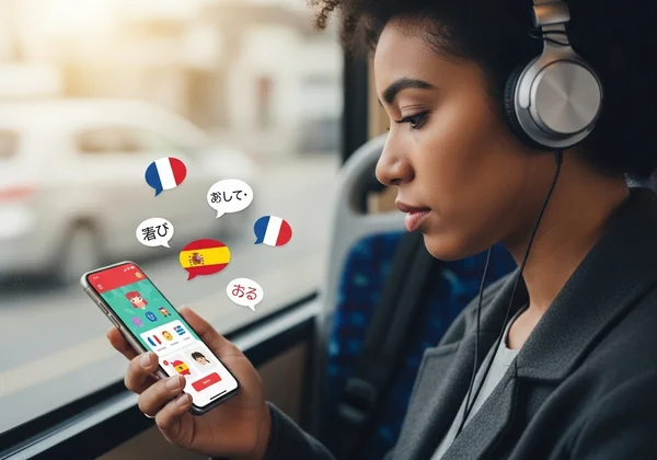 Persona aprendiendo un idioma en el teléfono con auriculares mientras viaja