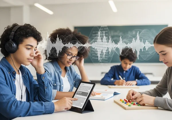 Diversos estudiantes beneficiándose de materiales de aprendizaje de audio en clase