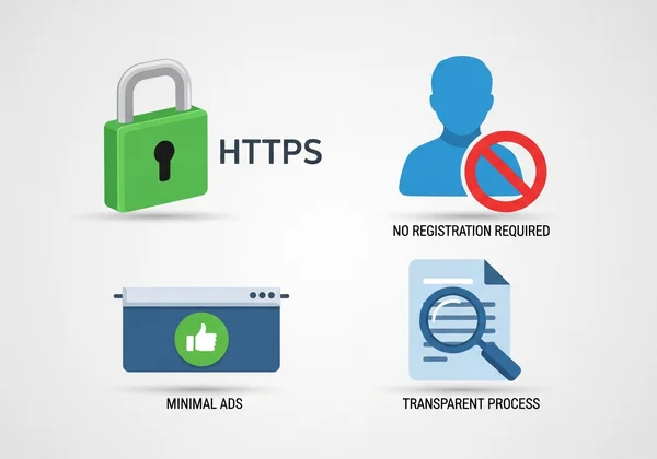 HTTPS, sin registro, anuncios mínimos, proceso transparente