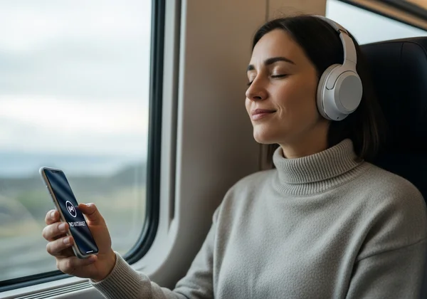 Person listening to music offline on phone, traveling