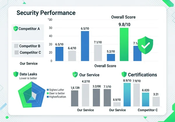 Infografía elegante que compara el rendimiento de seguridad de servicios de convertidores MP3 con gráficos y puntuaciones