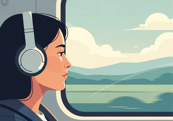 Persona escuchando audio sin conexión durante el viaje o el desplazamiento