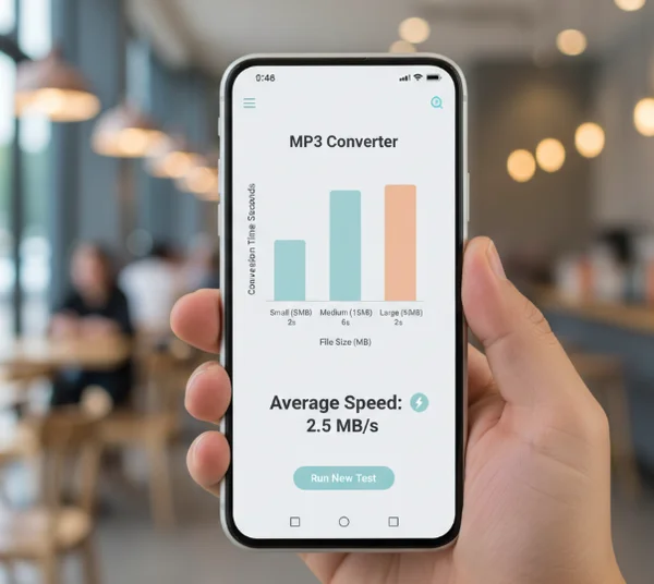 Hand holding phone showing mobile MP3 converter test results